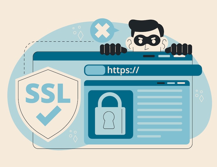 WordPress security shield and hacker protection illustration