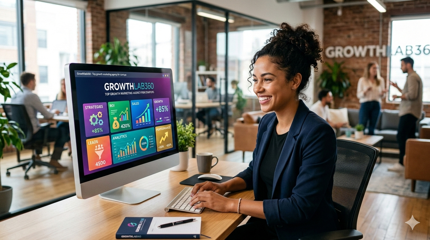 Startup growth dashboard with AI analytics, traffic charts, leads & revenue growth – ultimate attention-grabber for growth marketing
